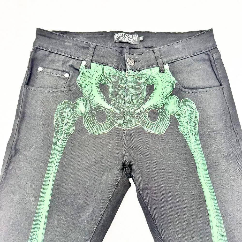 Kreepsville 66 Skeleton Printed Graphic Pocket Green Stitched Denim Jean Size 36